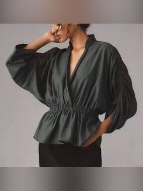 💛 ANTHROPOLOGIE Maeve Dark Green Cinched Waist Dolman Blouse sz Med-like new